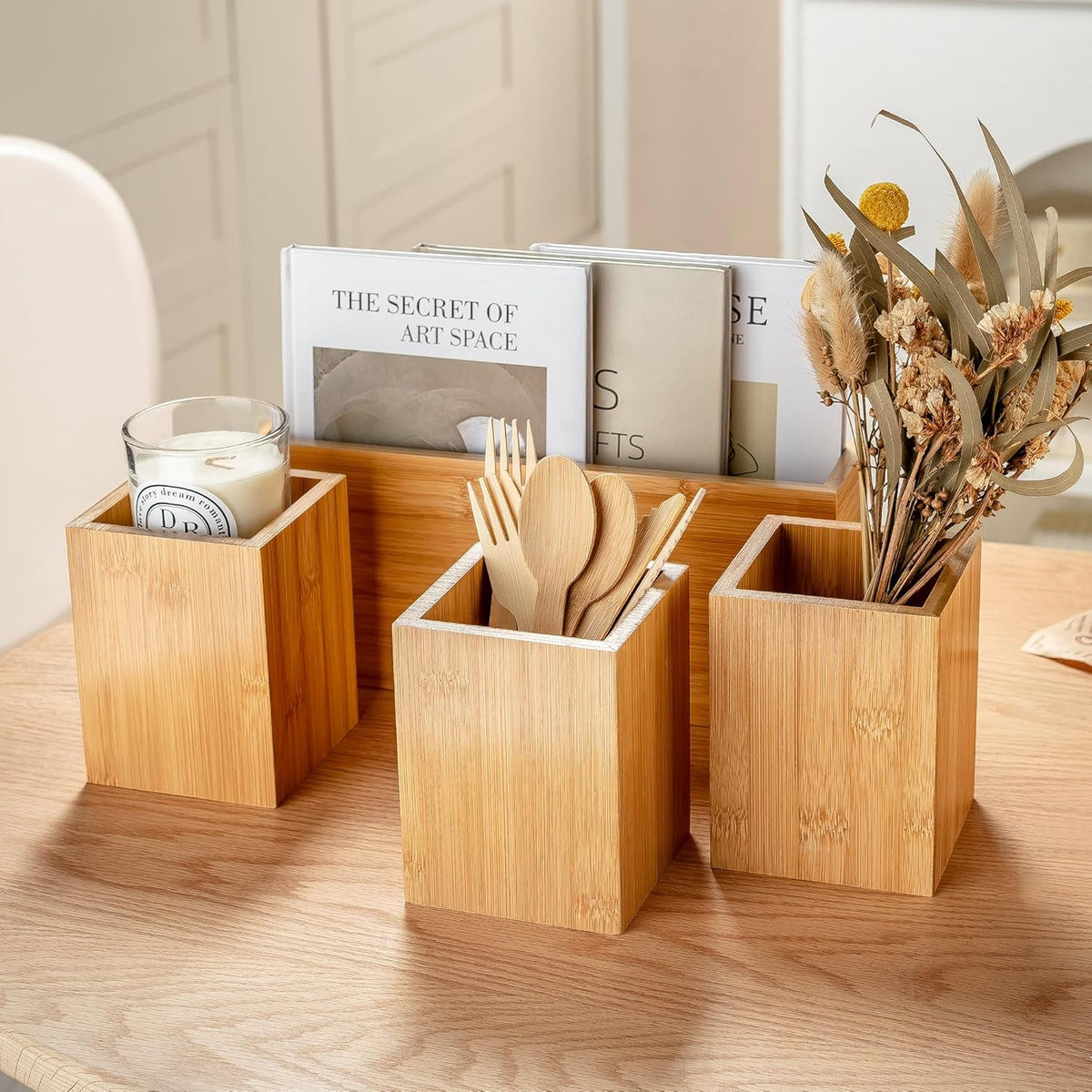 PTSTING Silverware Caddy Wood Utensil Holder Paper Plate Dispenser Silverware Utensil Caddy Cutlery Flatware Organizer Box for Spoons Forks Plates Napkins
