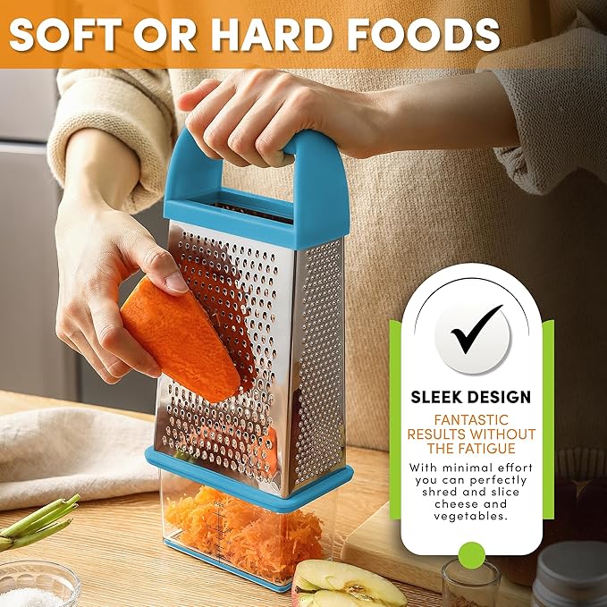 Spring Chef Professional 10" Parmesan Cheese Grater With Container, Stainless Steel & Soft Grip Handle, 4 Sided Kitchen Cheese Shredder Handheld Box Grater for Vegetables, Carrot, Ginger - Aqua Sky