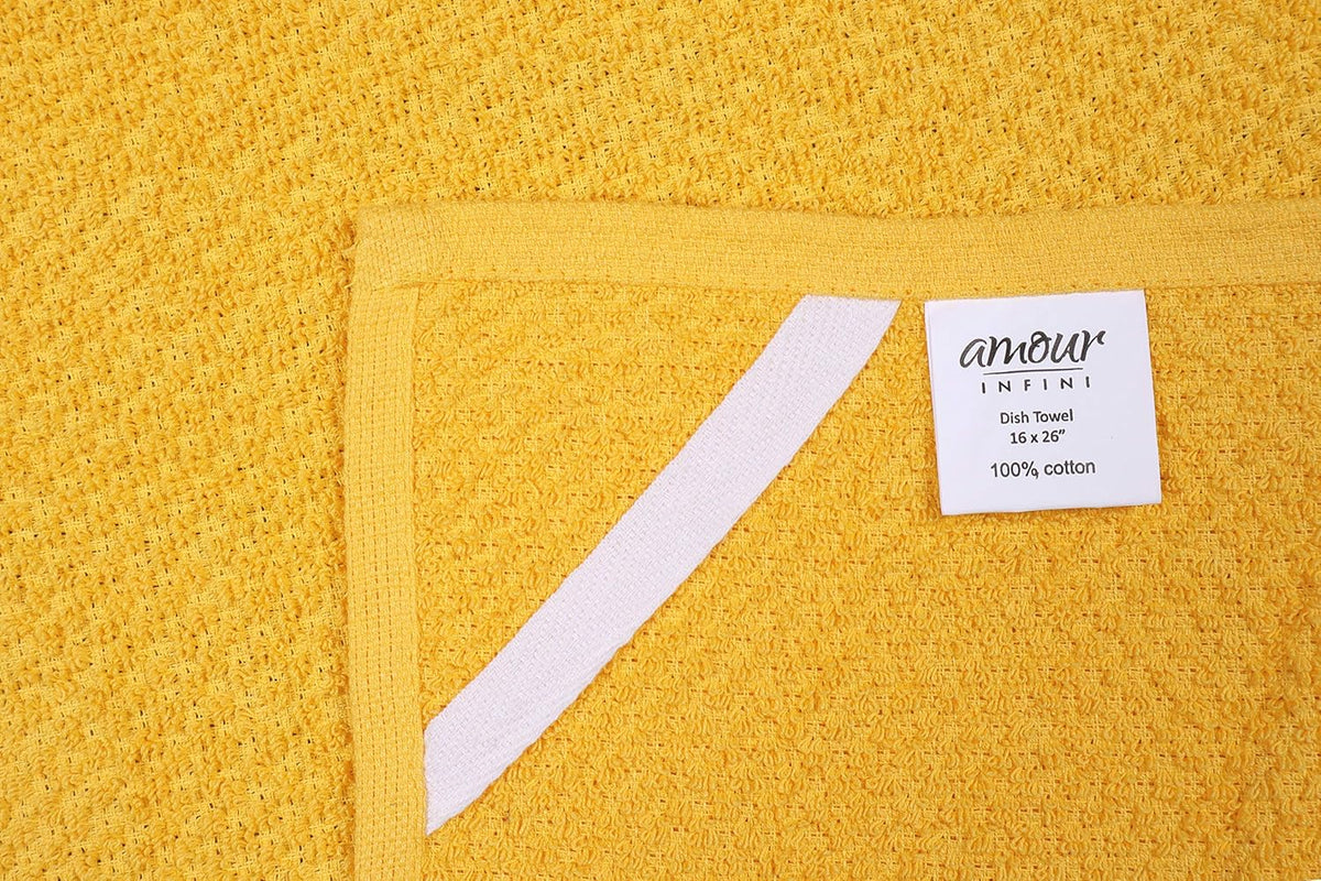 AMOUR INFINI Kitchen Towels Pack of 4 - Absorbent, Quick Drying Premium Cotton Tea Towel - Kitchen Linens 16x28 Inch Dish Towels with Hanging Loop (Yellow)