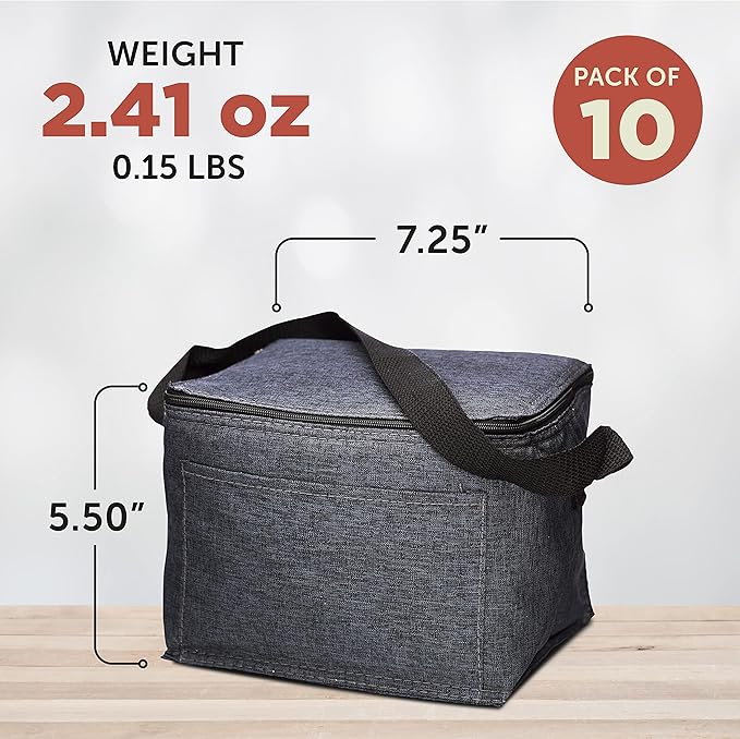 Insulated Cooler Lunch Bag Set of 10, Bulk Pack - Perfect for Work, Travel, Outdoor Events - Black