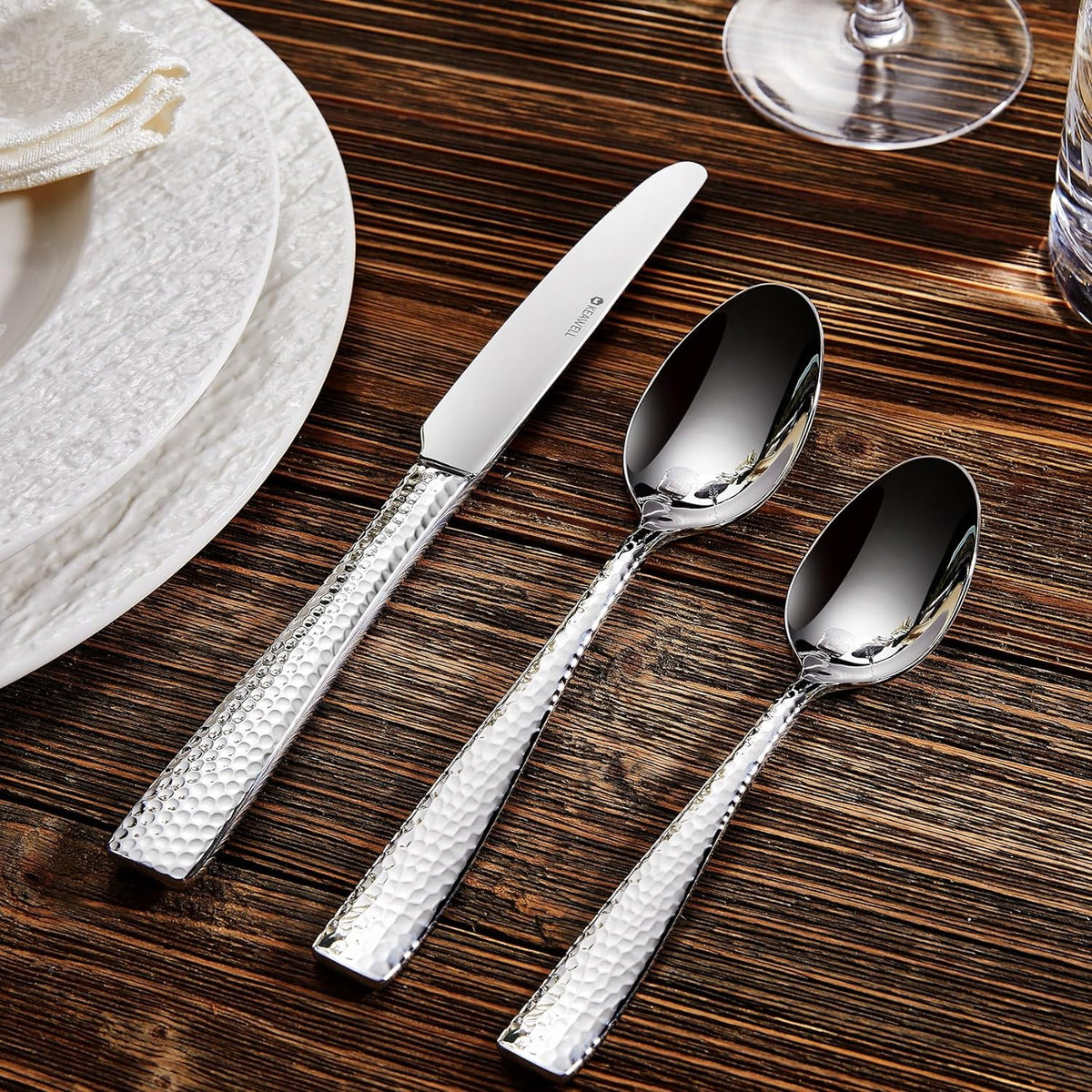 KEAWELL Premium 20/45/65 Piece Louis Hammered Silverware Set with Squared Edge, 18/10 Stainless Steel, Service for 4/8/12, Fine Flatware Set, Dishwasher Safe (20)