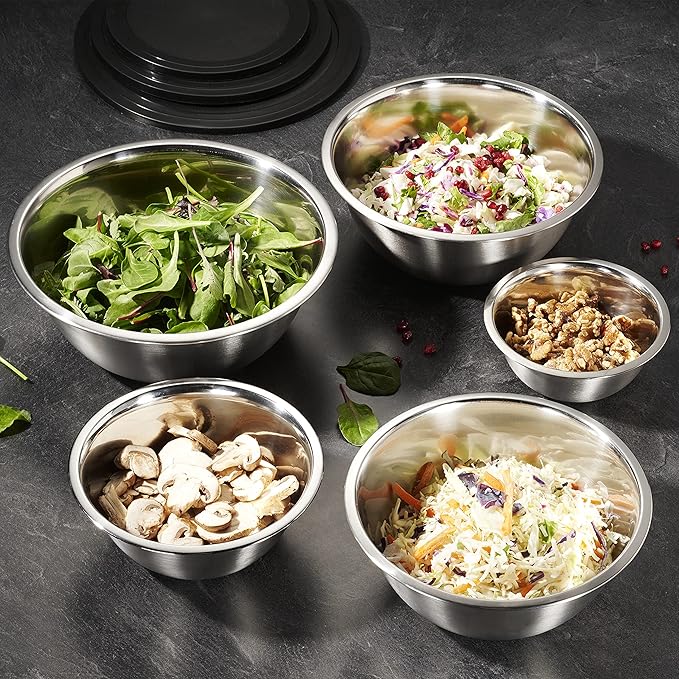 WHYSKO Stainless Steel Mixing Bowl Set, 10 Piece Stainless Steel Mixing Bowls with Lids Set for Food Prep Storage and Serving, Dishwasher Safe for Kitchen Baking Cooking, Silver