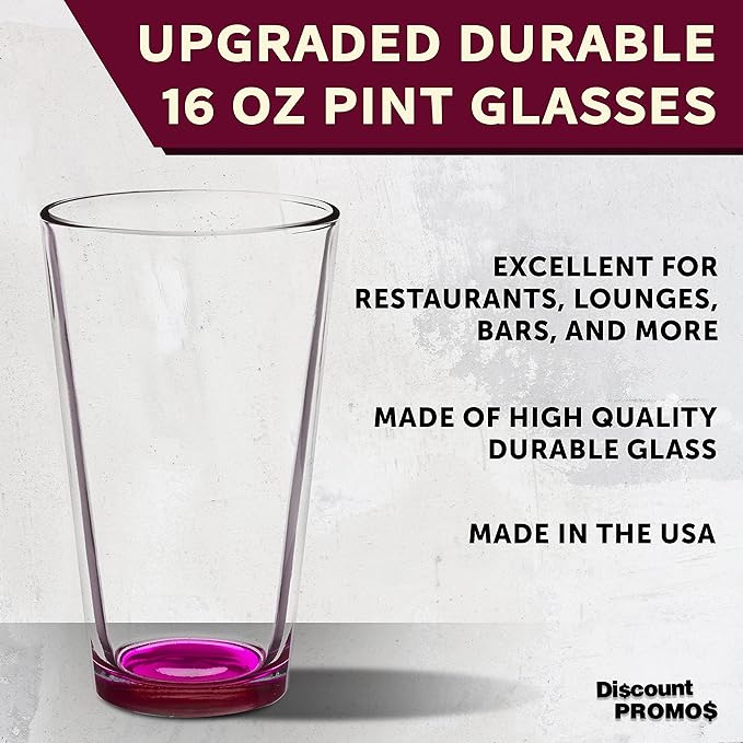 DISCOUNT PROMOS Arc Pint Glass 16 oz. Set of 10, Bulk Pack - Beer Glasses, Heavy Duty Drinkware - Pink