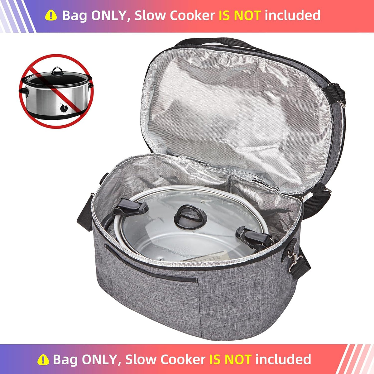 HOMEST Slow Cooker Bag for Crock-Pot 6-8 Quart, Insulated Travel Carrier with Easy to Clean Lining, Carry Case with Top Zip Compartment and Accessory Pocket
