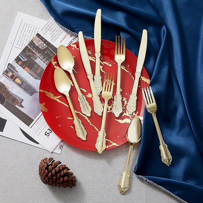 N9R 300pcs Gold Plastic Silverware Dinnerware Flatware- Heavyweight Plastic Cutlery Set, 100 Forks, 100 Spoons, 100 Knives, Gold Utensils for Party, Thanksgiving, Christmas