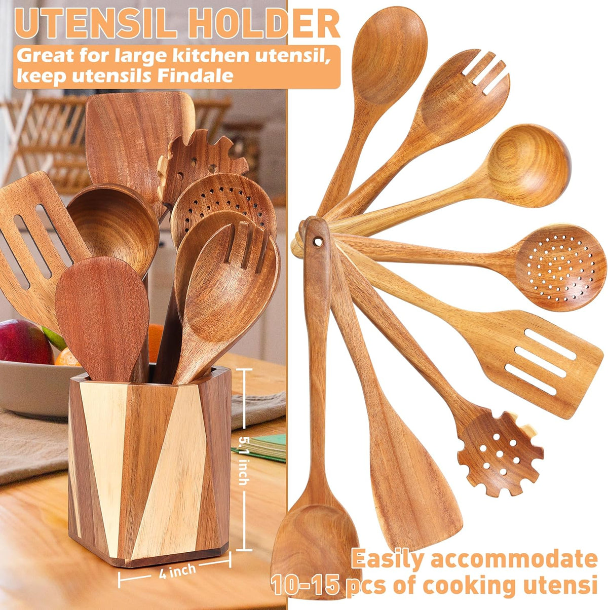 Wooden Utensil Holder for Kitchen: Wood Utensil Crocks for Farmhouse Decor - Kitchen Tool Storage for Countertop
