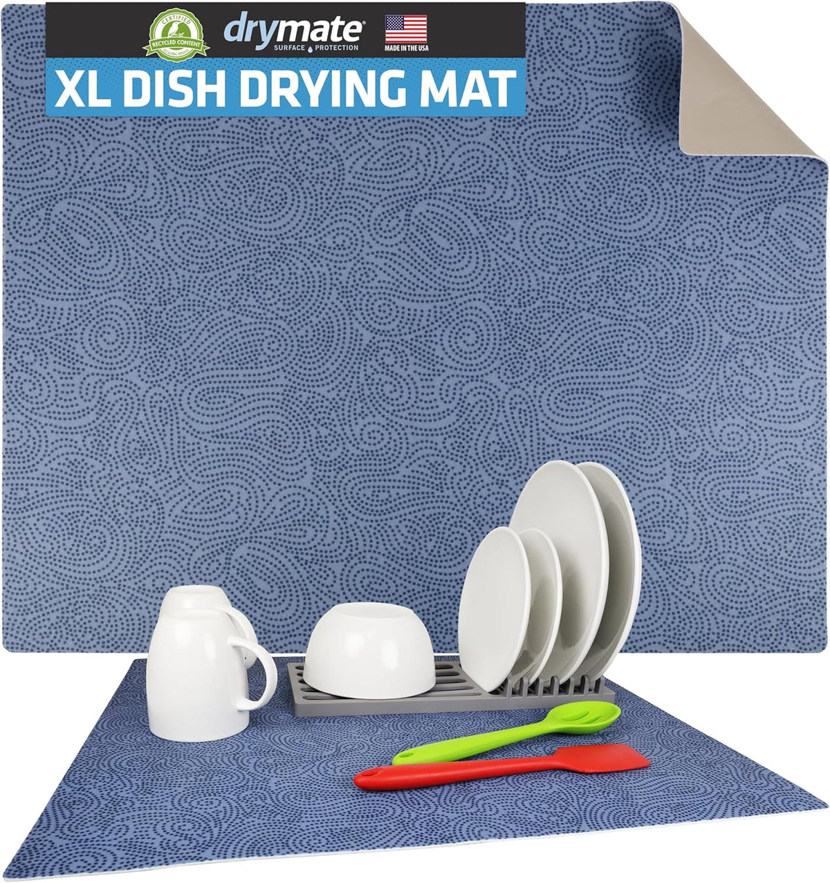 Drymate XL Dish Drying Mat, Oversized (19”x24”), Low-Profile, Super Absorbent, Quick Dry Fabric, Waterproof & Slip-Resistant, for Kitchen Counter, Trimmable, Easy to Clean (USA Made)(Blue)