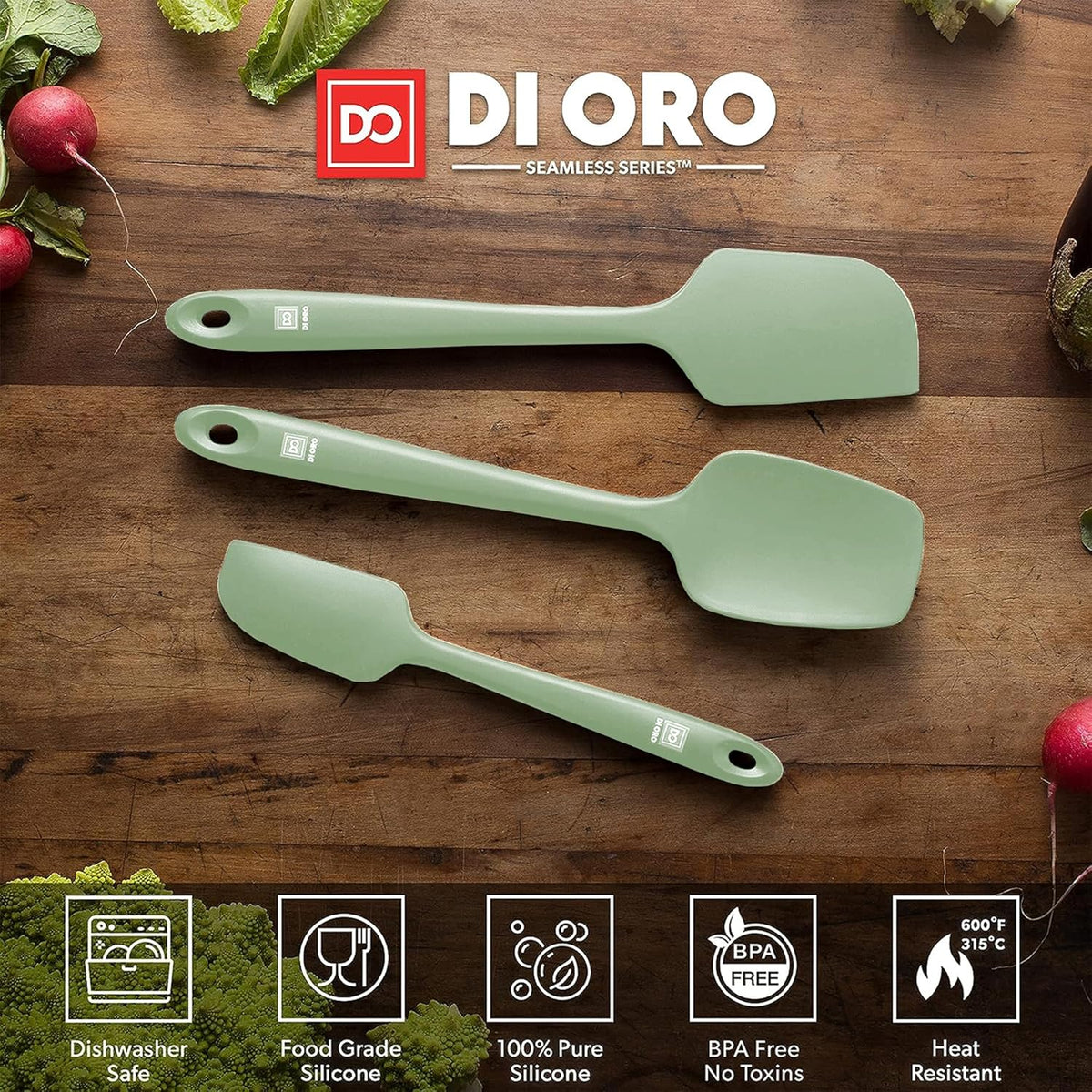 di Oro Living Silicone Spatula Set - Rubber Kitchen Spatulas for Baking, Cooking, Mixing - 600°F Heat-Resistant & BPA Free Silicone Scraper Spatulas for Nonstick Cookware - Dishwasher Safe (3pc, Sage)