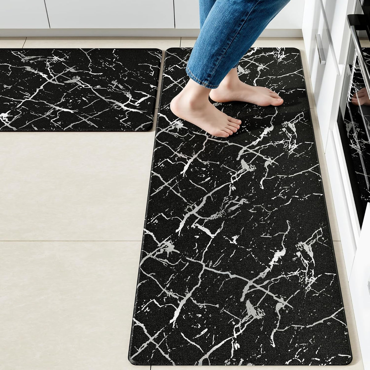Silver Foil Stamped Marble Kitchen Mats for Floor 2PCS Cushioned Anti Fatigue Non Slip Waterproof Comfort Leather Kitchen Rugs 2/5 Inch PVC Kitchen Mats for Sink, Laundry, 17.3"x28"+17.3"x47", Black