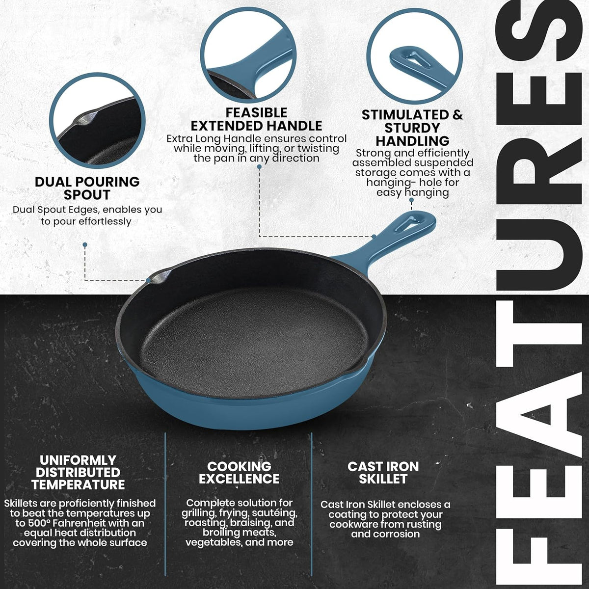 Utopia Kitchen Cast Iron Frying Pan 6.5 Inch, Cast Iron Chefs Pan, Pre Seasoned Skillet, Safe Grill Cookware for Indoor & Outdoor Use, Teal