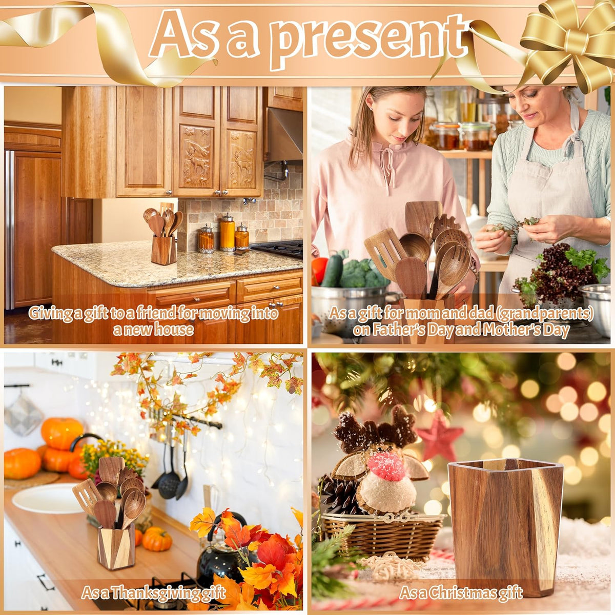 Wooden Utensil Holder for Kitchen: Wood Utensil Crocks for Farmhouse Decor - Kitchen Tool Storage for Countertop