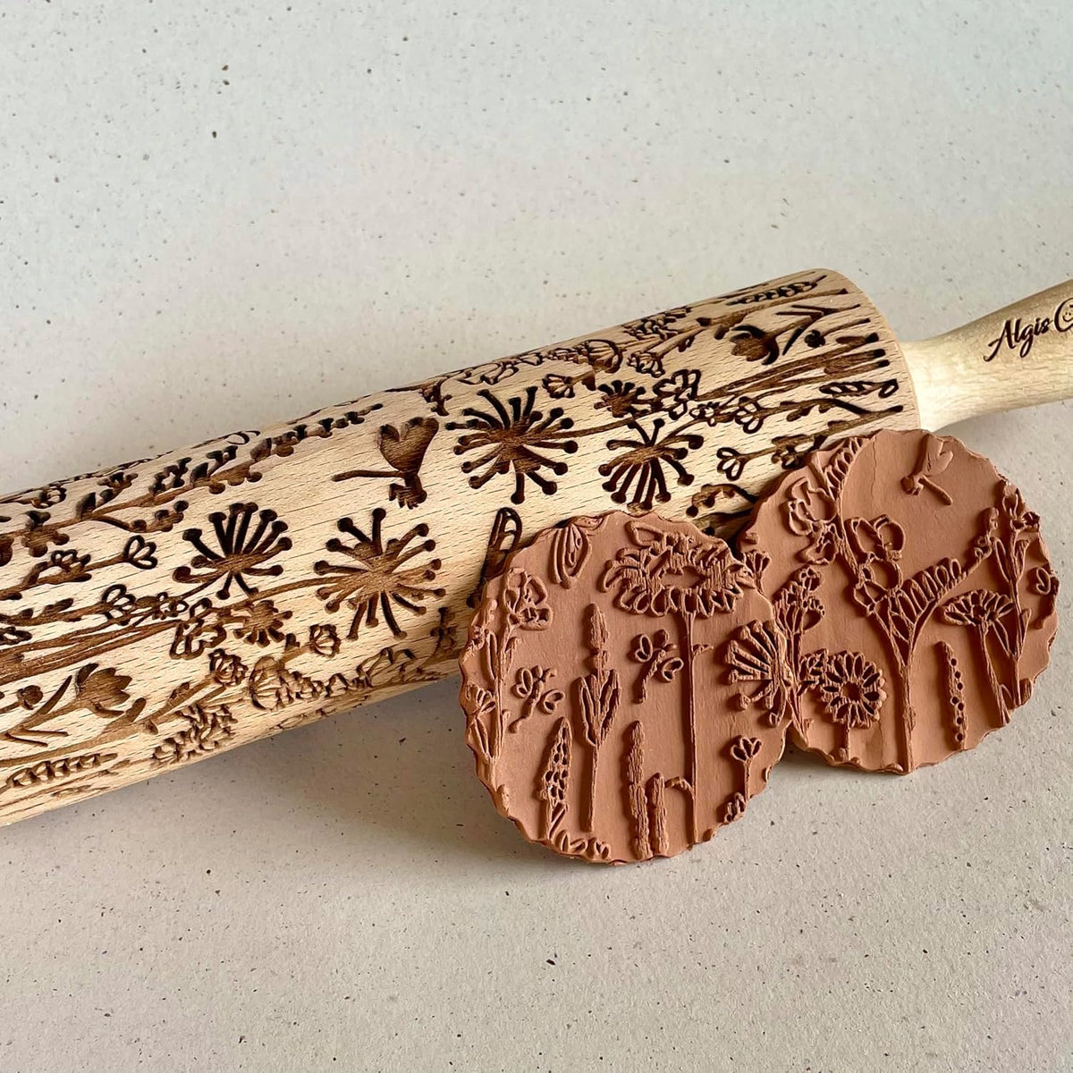 MEADOW Embossing Rolling Pin. Laser Engraved Rolling Pin for Pottery and Cookies by Algis Crafts