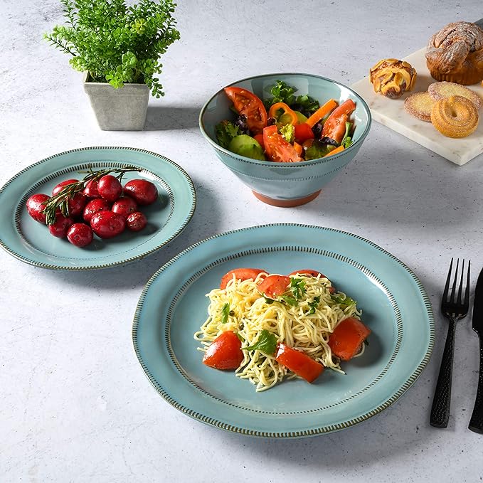 Gibson Elite Terranea Round Reactive Glaze Terra Cotta Dinnerware Set, Service for Four (12pcs), Teal