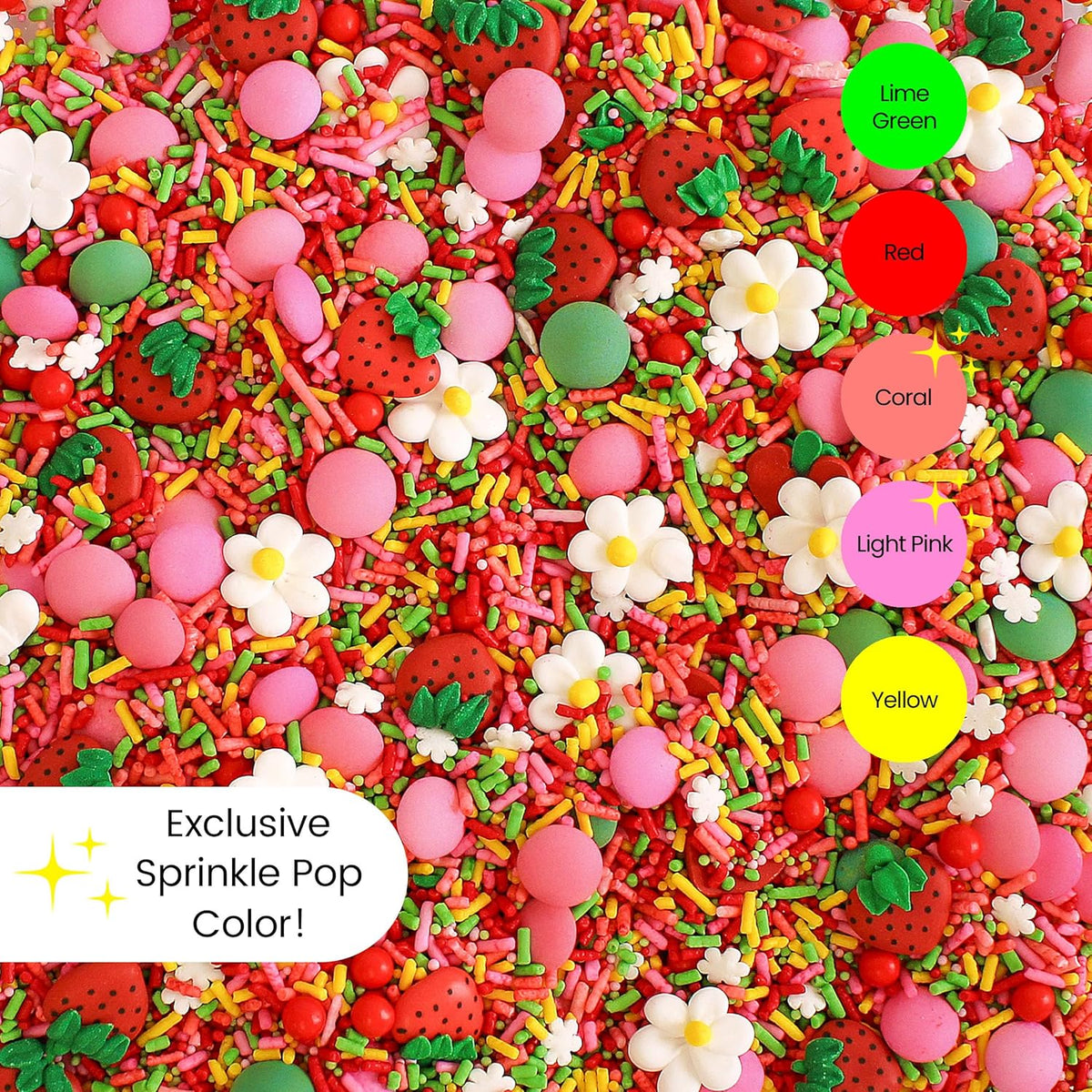 Sprinkle Pop Strawberry Daisy Sprinkle Mix| Red Lime Green Yellow Pink Sprinkle Mix with ~6 Strawberry & Daisies Royal Icing| Festive Sprinkles Made in USA for Decorating Cake Cupcakes Cookies, 2oz