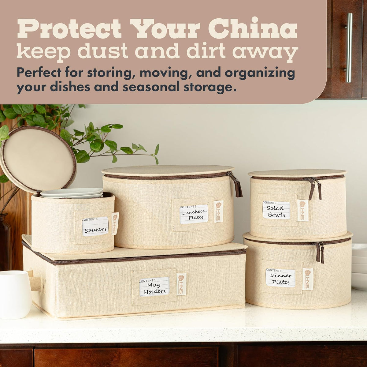 Hard Shell China Storage Containers 5-Piece Set Moving Boxes for Dinnerware, Glasses, Plates, Mugs and Saucers Sturdy Dish Organizer with Dividers for Seasonal Storage - Service for 12 - Beige