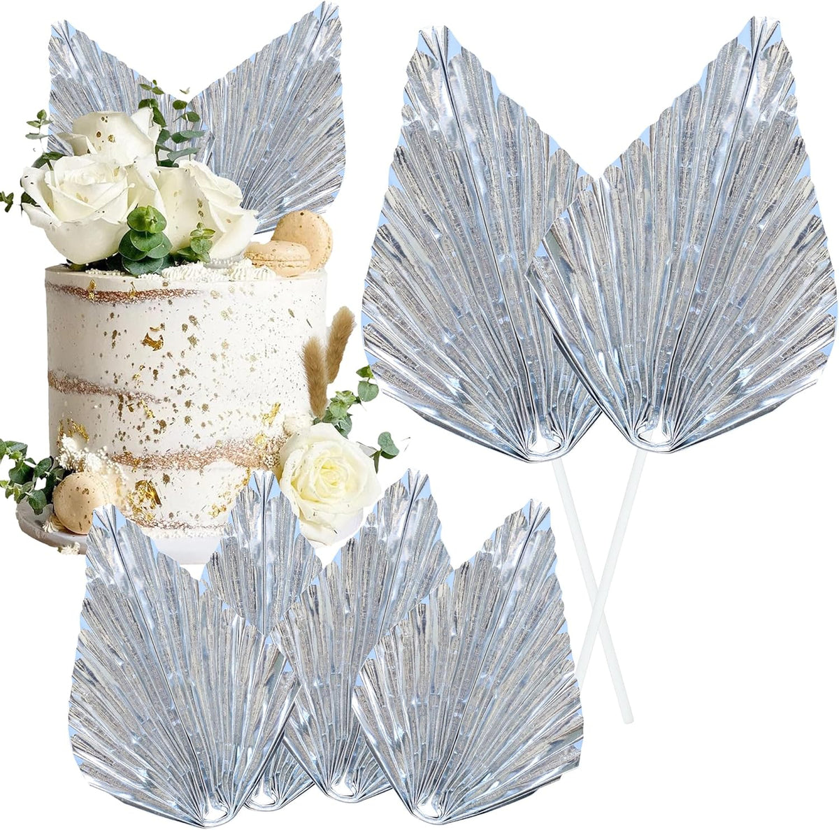 Gyufise 6Pcs Paper Palm Fan Cake Topper Palm Leaf Fan Cake Pick for DIY Bakeware Craft Project Home Made Wedding Bridal Shower Birthday Anniversary Party Cake Decorations Supplies Metallic Silver