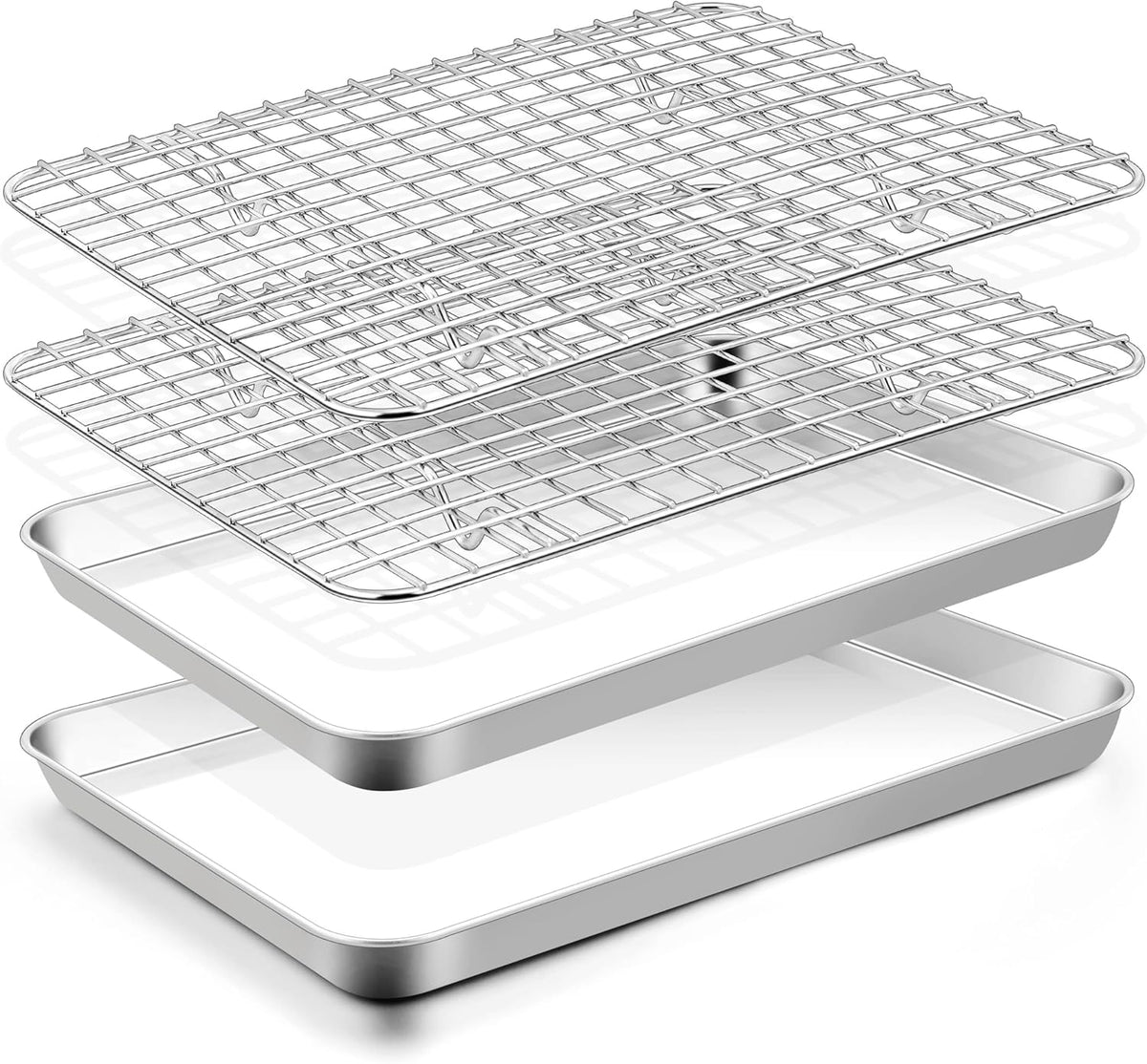 TeamFar Toaster Oven Pan with Rack Set, 10.5 x 8 x 1 Inch Stainless Steel Small Baking Pan Tray with Grid Rack for Baking Roasting Cooling, Non-Toxic & Heavy-Duty, Dishwasher Safe, (2 Pans + 2 Racks)