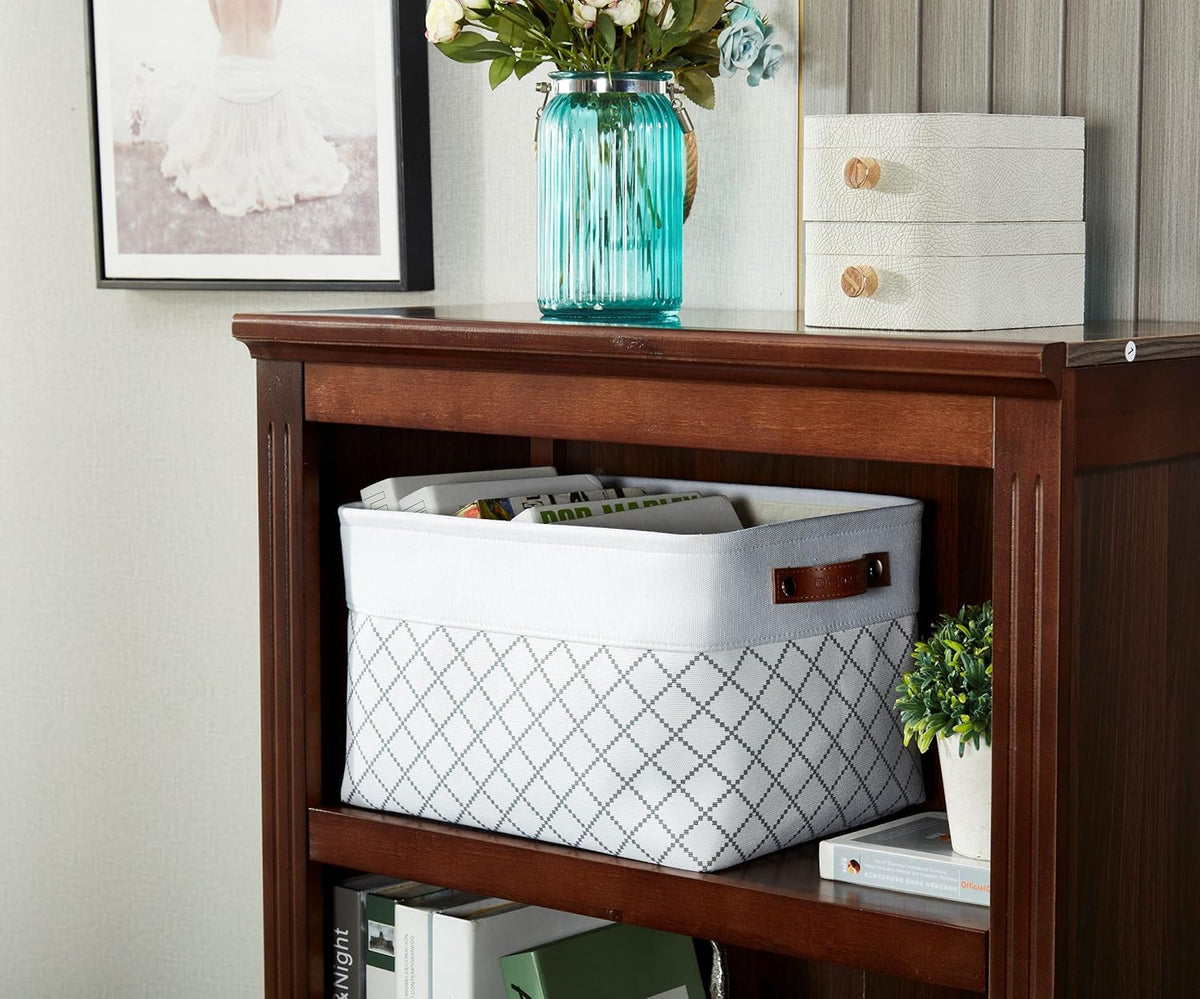 DECOMOMO White Storage Bins Fabric Storage Baskets for Shelves, Linen Closet Organization Toys Nursery (White Check, Large - 3 Pack)