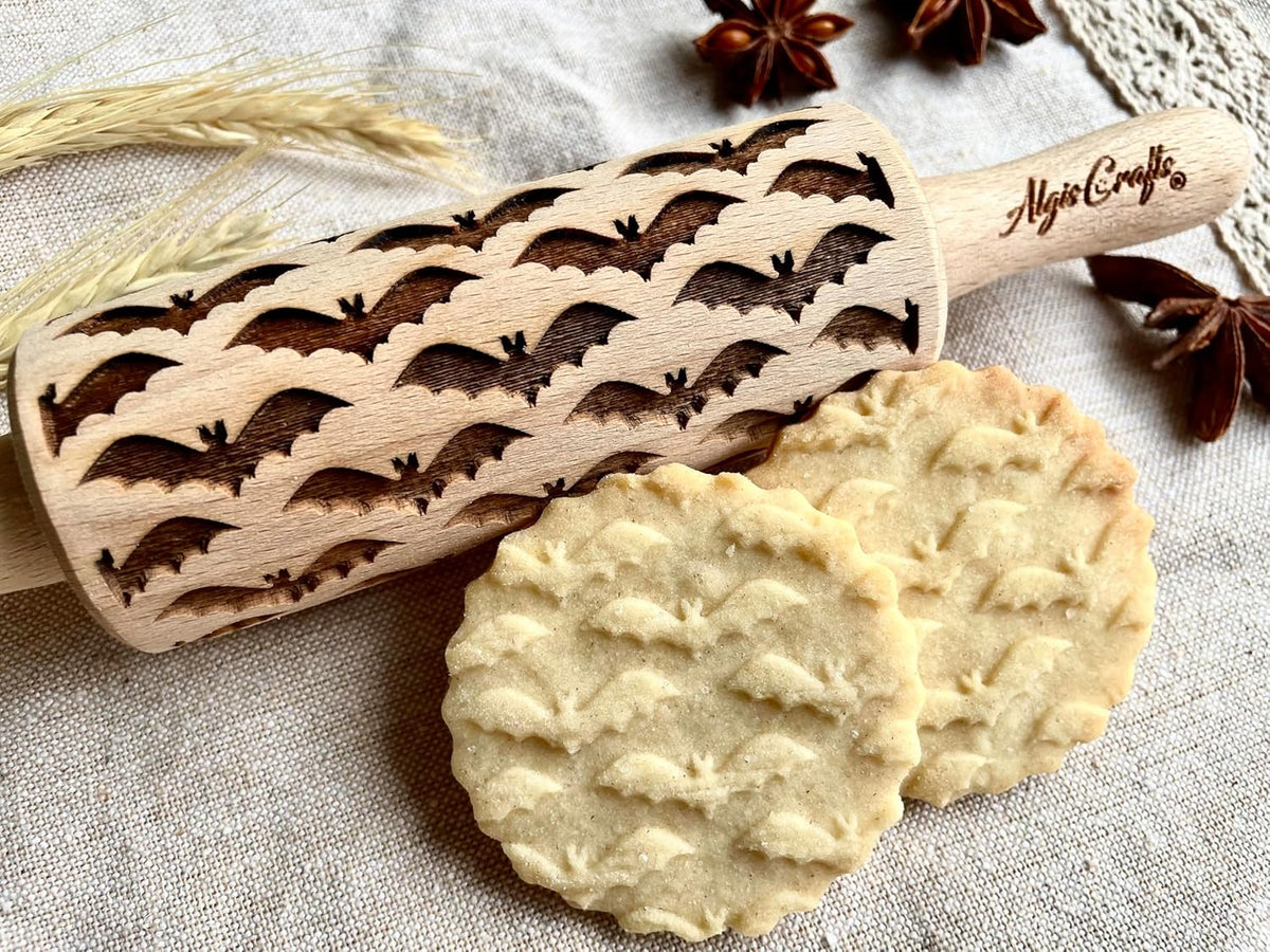 HALLOWEEN 3 Mini Embossed Rolling Pin Set. Wooden Laser Engraved Textured rolling pins for Cookies, Modeline, Ceramic with Skulls, Bats, Halloween by Algis Crafts