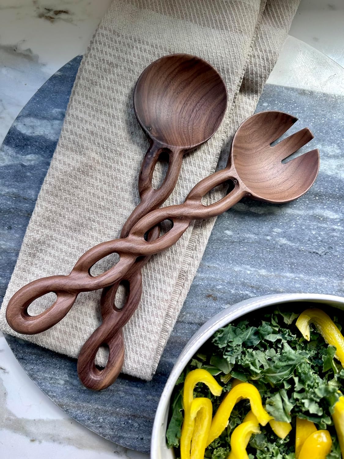 13" Wooden Salad Tongs For Serving, Walnut Kitchen Utensils Set, Salad Servers Mixing Dinner Fork and Spoon Long Handle, Housewarming Gift Ideas, Set of 2 (Walnut Wood)