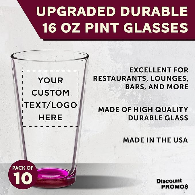 Custom Arc Pint Glass 16 oz. Set of 10, Personalized Bulk Pack - Beer Glasses, Heavy Duty Drinkware - Pink