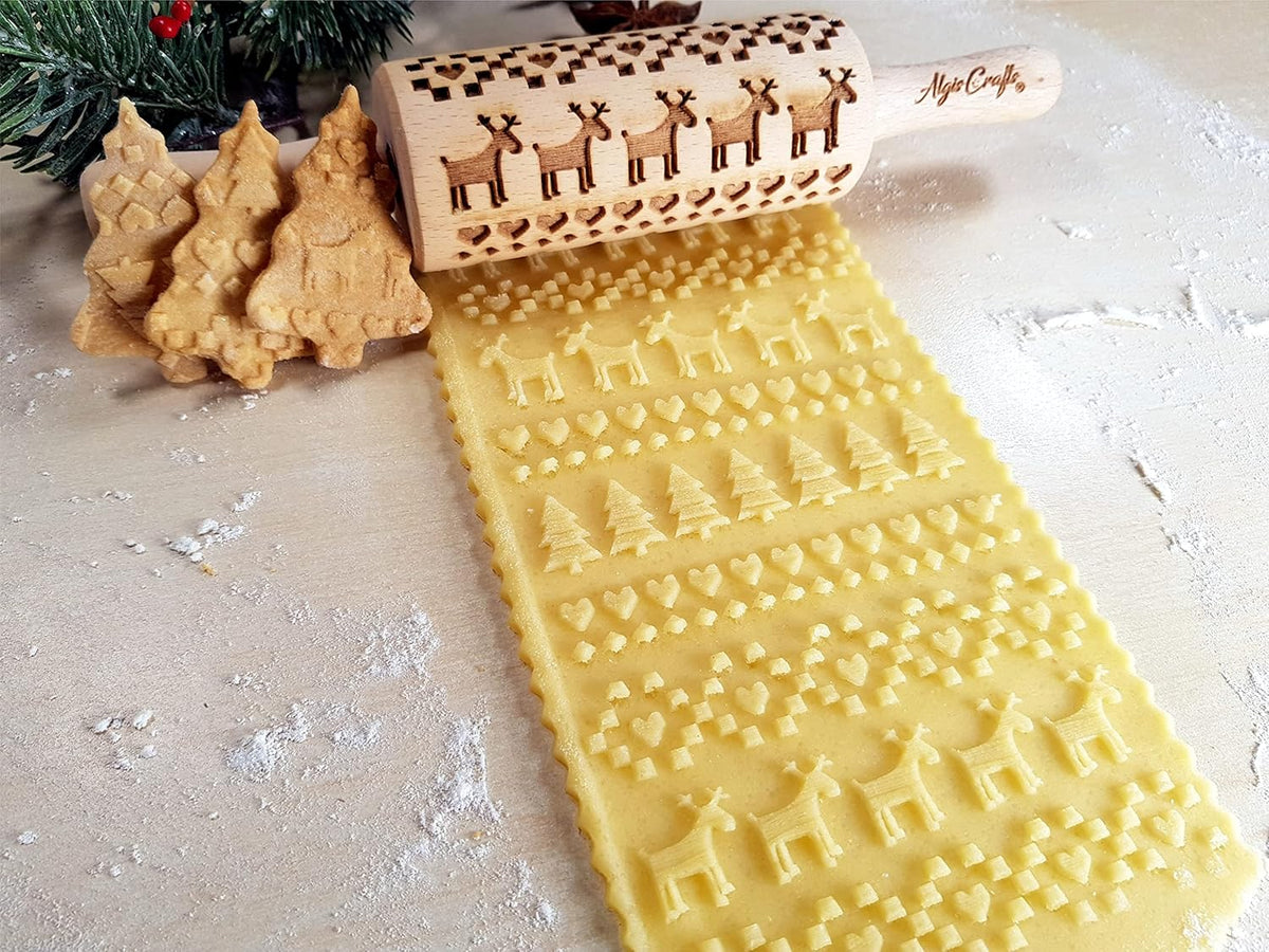 CHRISTMAS 3 Mini Embossed Rolling Pin Set Wooden Laser Engraved Textured rolling pins with Snowflakes, Elks, Christmas Trees and Gifts for Cookies by Algis Crafts