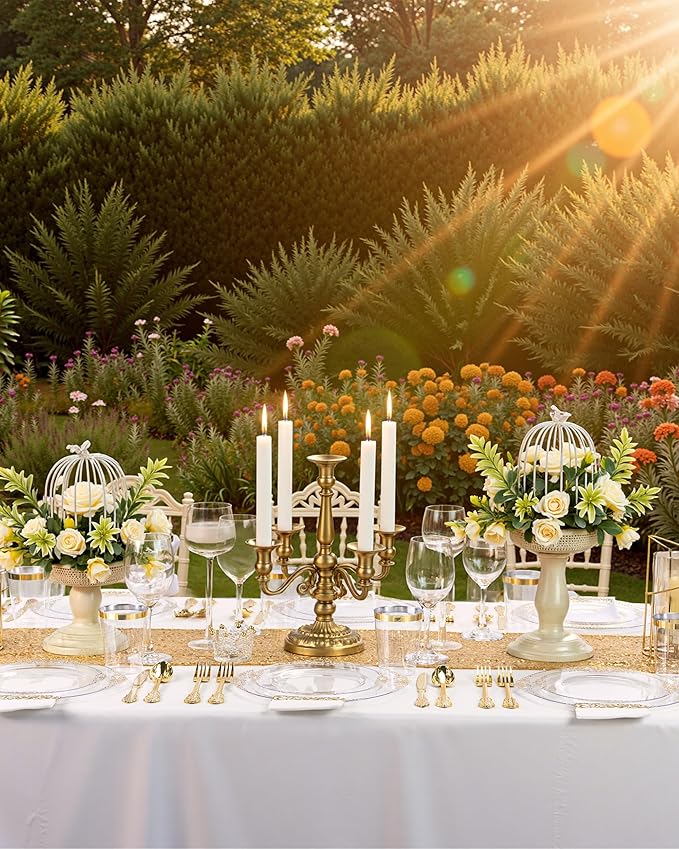 Nervure 350PCS Clear Gold Plastic Plates - Gold Plastic Dinnerware Sets for 50 Guests - 100 Disposable Plates, 150 Silverware, 50 Cups, 50 Napkins for Wedding & Party & Thanksgiving