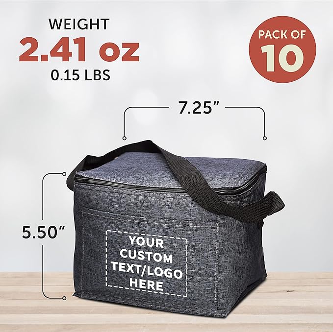 Custom Insulated Cooler Lunch Bag Set of 10, Personalized Bulk Pack - Perfect for Work, Travel, Outdoor Events - Black