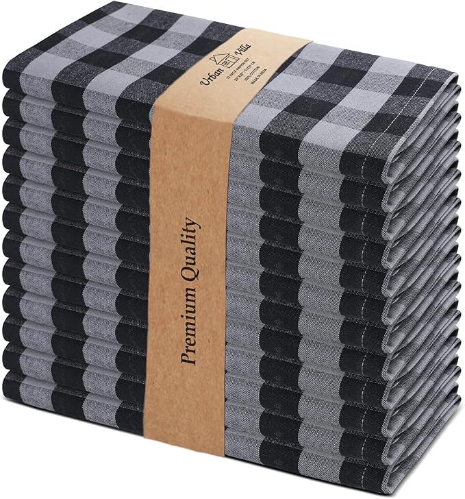 Urban Villa Cotton Dinner Napkins Set of 12, Highly Absorbent Soft Premium Cloth Napkins 20x20 Inches, Hotel Quality Reusable & Washable Table Dinner Napkins for Home - (Grey/Black, Buffalo Checkerd)