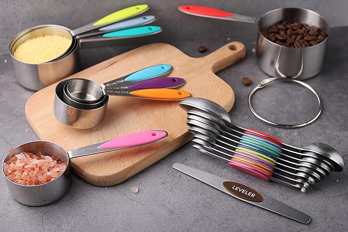 Measuring Cups and Spoons Set Stainless Steel Including 8 Stackable Measuring Cup 8 Double Sided Magnetic Measuring Spoons with 1 Leveler for Dry and Liquid Ingredients