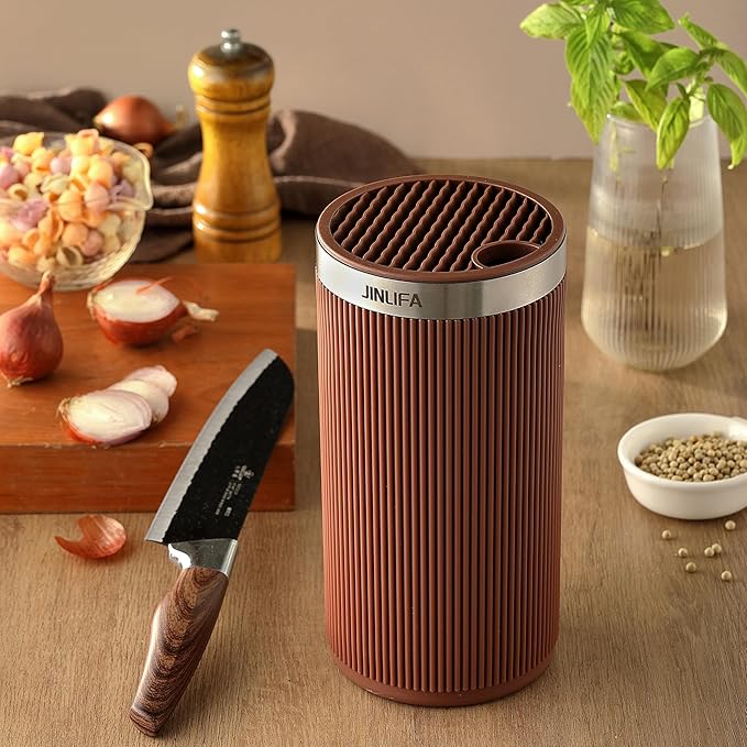 Knife Block Without Knives, JINLIFA Kitchen Knife Holder Block, Universal Knife Storage Organizer Stand Rack for Countertop (Stylish Brown Color)