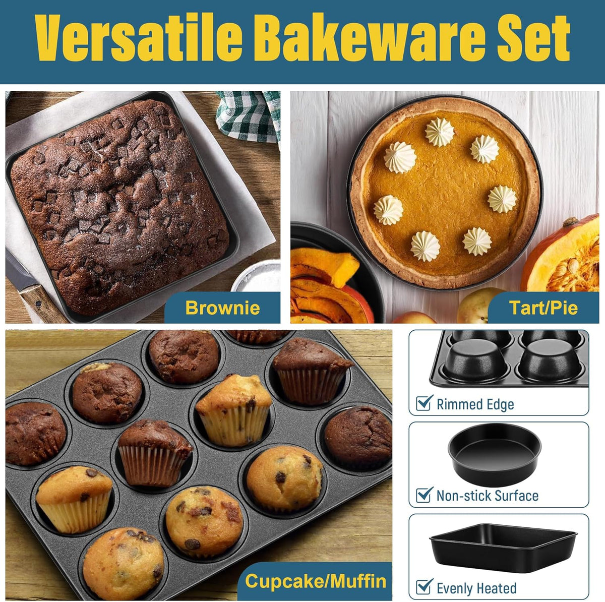 E-far 6-Piece Bakeware Sets, Nonstick Stainless Steel Baking Pans Set - 8x8 Square/Round Cake Pan/Muffin/Loaf Pan/Roasting Tray/Cookie Sheet - for Kitchen Oven Cooking Lasagna Brownie Casserole, Black