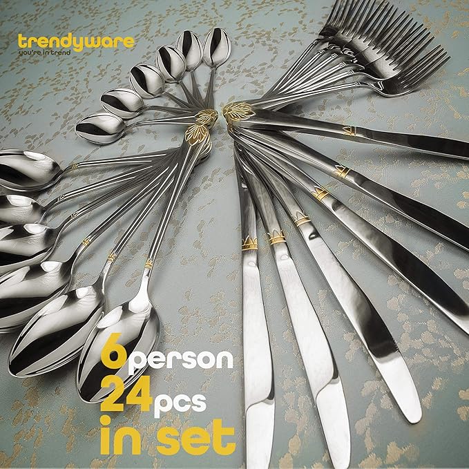 Silverware Set Limited Edition – 24 Piece Dinnerware Set – Flatware Set for 6 – Silver Tableware Set w/Gold Accents – Great for Family Gatherings & Daily Use – Spoons, Knives, Teaspoons, Forks