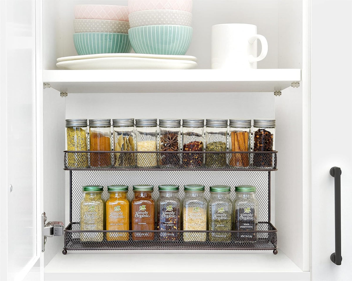 CAXXA 2 PK 2 Tier Mesh Kitchen Counter-top or Wall Mount Spice Rack Jars Storage Organizer, Bronze