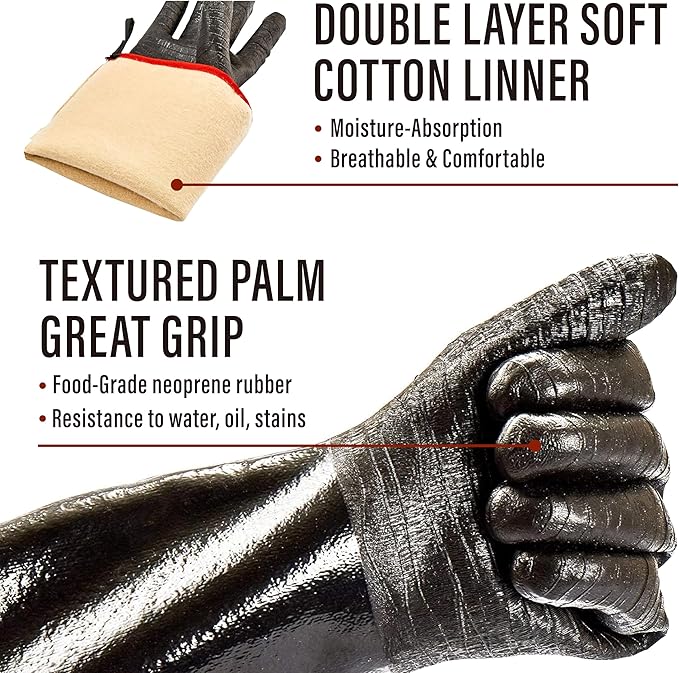 RAPICCA Heat Resistant BBQ Grill Gloves: Oil Resistant Waterproof for Smoking Grilling Cooking Barbecue Deep Frying Turkey Rotisserie Handling Hot Greacy Meat - Long Sleeve 932°F