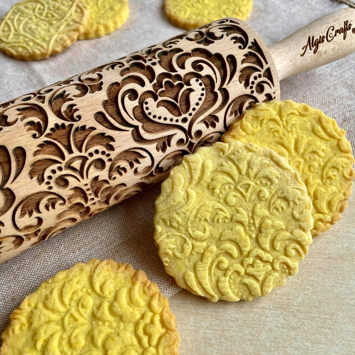 DAMASK Rolling Pin. Embossed cookies with flowers DAMASK PATTERN. Wooden embossing rolling pin with ORIENTAL FLOWERS for Homemade Cookies and Pottery by Algis Crafts