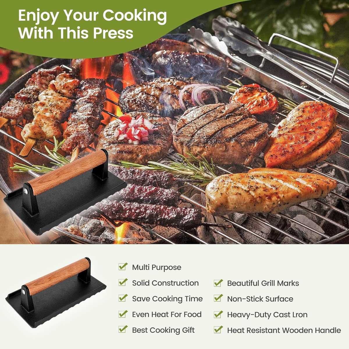 Burger Press, 8.3”X4.3” Rectangle Heavy-Duty Cast Iron Smash Burger Press Griddle Accessories with Heat Resistant Wood Handle for Blackstone Griddle, Ideal for Panini, Steak & Sandwiches