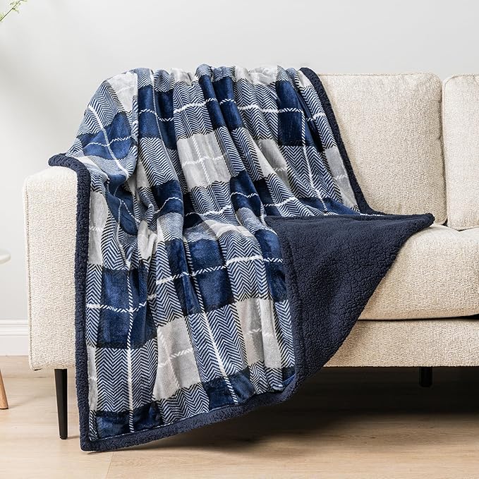 Pavilia Blue Navy Plaid Sherpa Throw Blanket for Couch, Plush Flannel Fleece, Soft Fuzzy Cabin for Sofa Bed, Warm Cozy Winter Gift, 50x60