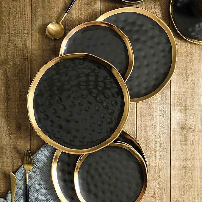 Stone Lain Florian Modern Porcelain 16 Piece Dinnerware Set, Plates and Bowls Set, Dish set for 4, Black And Golden Rim