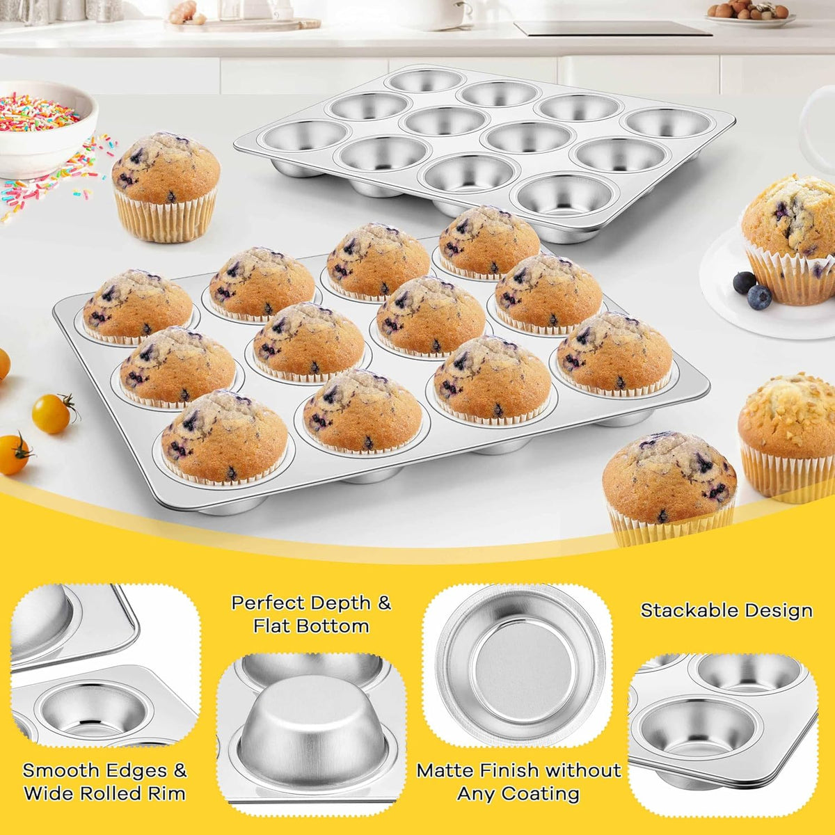 Homikit 2 Pack Muffin Pan, Stainless Steel Cupcake Tin with 12 Cups Regular Size, 13.8" x 10.4" Nonstick Metal Egg Bites Tray for Oven Baking, Non Toxic & Rust Free, Easy Release & Dishwasher Safe