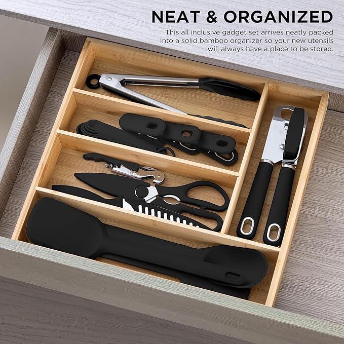 COOK WITH COLOR Bamboo Kitchen Utensil Set with Drawer Organizer | Cooking Tools and Storage Caddy, Black, 18 Piece Gadget Set