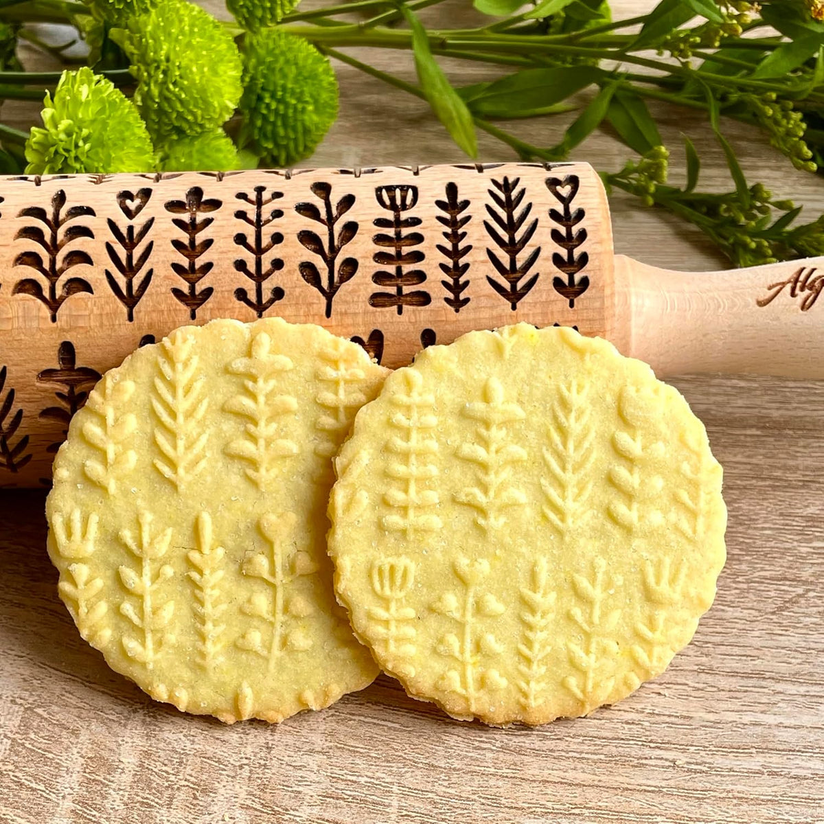 Embossed rolling pin HERBS. Leafy green and flowering plants on embossed dough roller