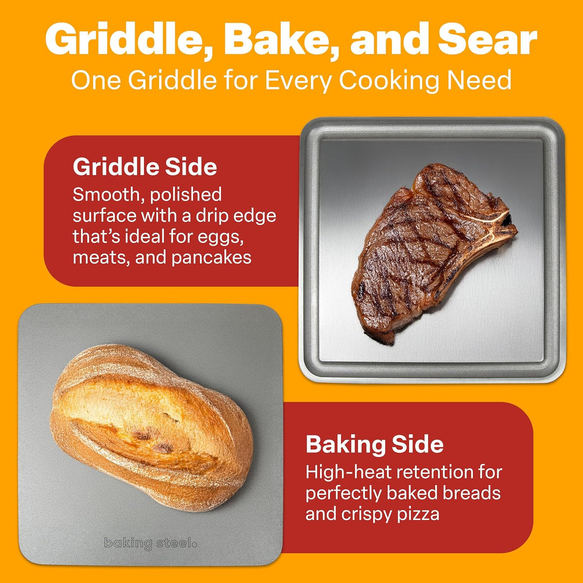 Baking Steel Mini Griddle (11.5"x11.5"x3/8") - Flat Top Griddle for Stovetope, Grill, and Oven Use - Pre-Seasoned, Naturally Non-Stick Surface & Crack-Proof