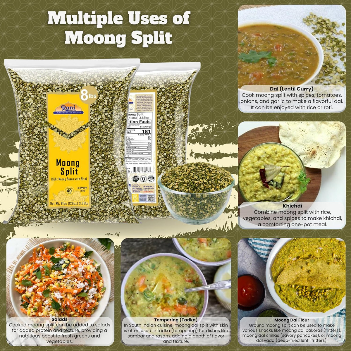Rani Moong Split (Split Mung Beans with Skin) Lentils Indian 128oz (8lbs) 3.63kg Bulk ~ All Natural | Gluten Friendly | Non-GMO | Kosher | Vegan | Indian Origin