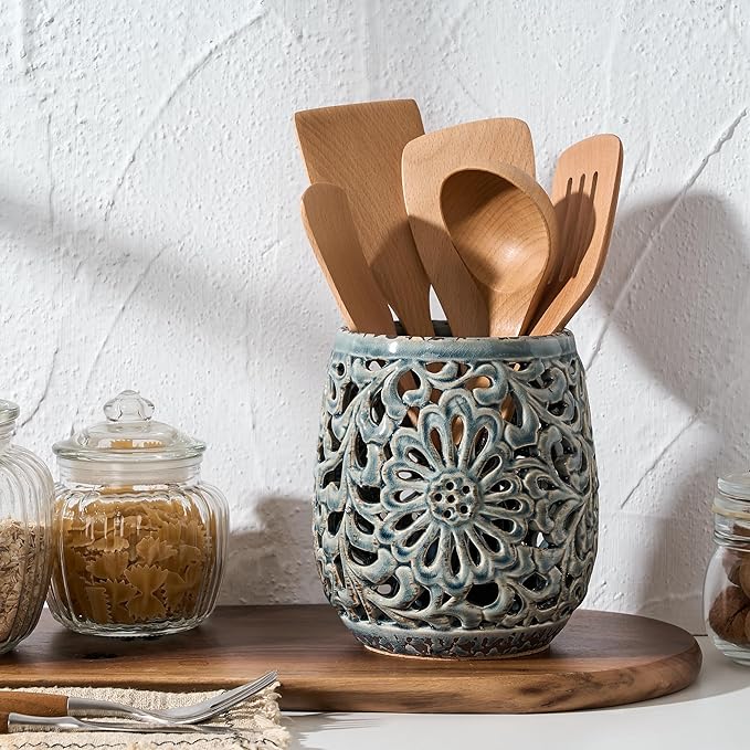 Farmhouse Kitchen Utensil Holder for Kitchen Counter, Ceramic Large Cooking Utensil Crock with Cork Mat, Countertop Cooking Tool Spatula Organizer, Antique Grayish Blue