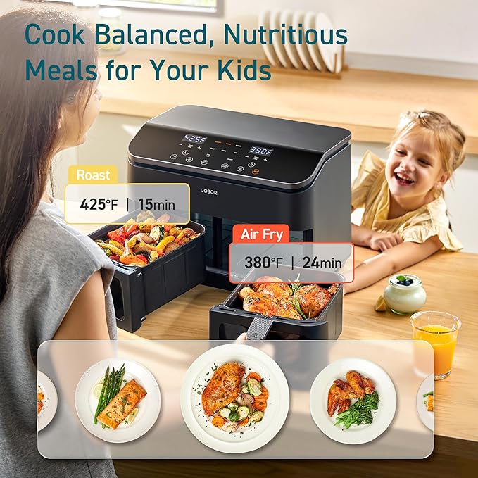 COSORI Dual Air Fryer 9Qt – 10-in-1, Fresh Balanced Meals for Family and Children with Double Baskets, Sync Cook & Finish to Bake, Roast, Reheat, Broil & 130 Recipes for Easy Cooking, Dishwasher Safe