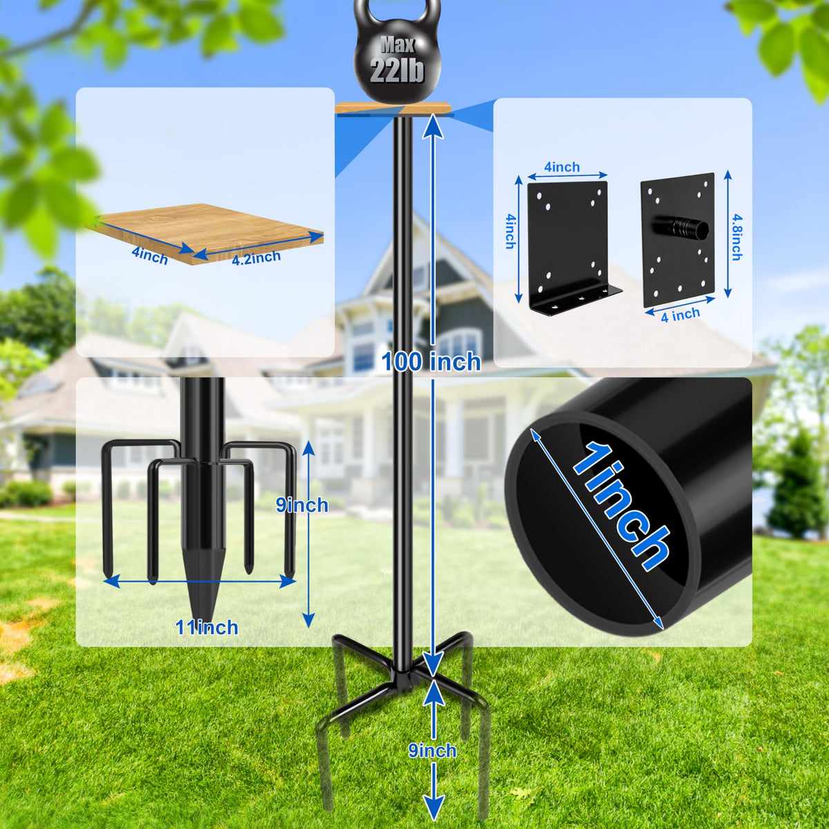 Ottsuls Bird Feeder Pole, 109 Inch Heavy Duty Bird House Pole Kit for Outdoors, with 5-Prong Base Feeding Station for Wild Birds Watching, Adjustable Feeder Stand (House Not Included)