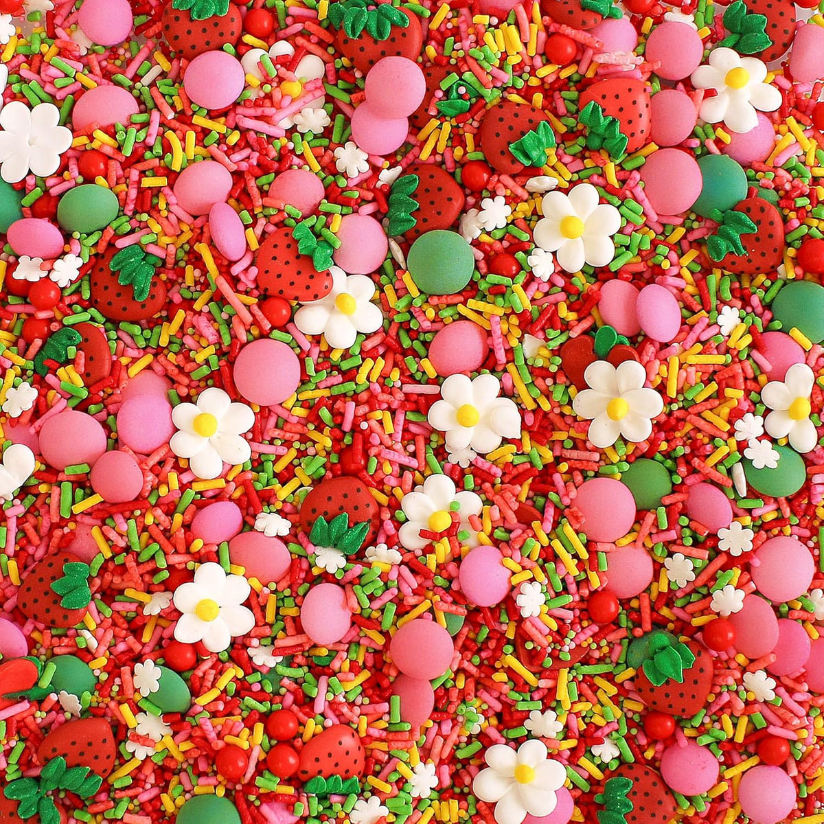 Sprinkle Pop Strawberry Daisy Sprinkle Mix| Red Lime Green Yellow Pink Sprinkle Mix with ~6 Strawberry & Daisies Royal Icing| Festive Sprinkles Made in USA for Decorating Cake Cupcakes Cookies, 2oz