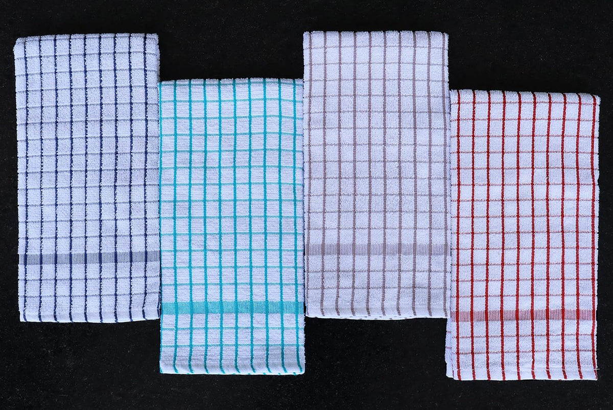 AMOUR INFINI Kitchen Towels Set of 4 - Highly Absorbent, Super Soft Terry Cotton 20x28 Inch Dish Towels with Hanging Loop - Hand & Tea Towels for Cleaning & Drying Dishes (Ass- Blue)