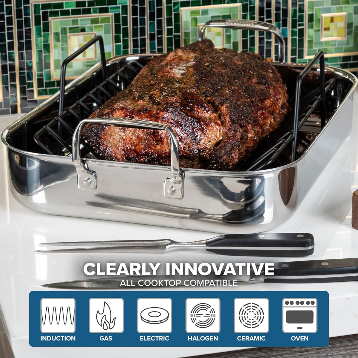 Viking 3-Ply Stainless Steel Roasting Pan with Nonstick Rack and Carving Set, 16 x 13 Inch Kitchen Cookware, Great for Turkey, Dishwasher and Oven Safe, Induction Ready, SIlver